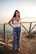 PANTALONE IN DENIM CON INSERTI IN PIZZO